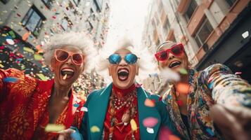 AI generated Three girlfriends laughing happily while hugging each other in a city street photo