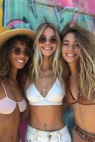 AI generated Portrait of smiling girlfriends in summer light clothes on the background of the street. A group of friends photo