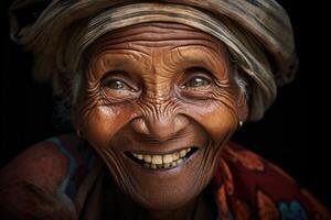 ai generado sonriente mayor africano mujer en un nacional tocado , retrato de un cara foto