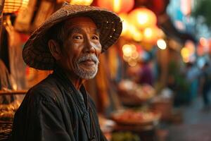 AI generated Portrait of an Asian elderly man on a city street in the evening photo