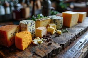 AI generated Cheese slicing on a chalkboard in the background of the kitchen. Cheese assortment photo