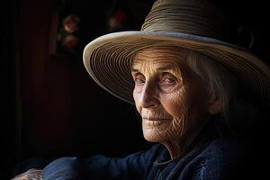 ai generado retrato de un mayor mujer en un sombrero, en un negro antecedentes foto
