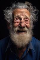 ai generado retrato de un gracioso antiguo hombre con un barba en un negro antecedentes foto