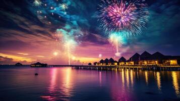 AI generated Beautiful night fireworks over the Maldives. Festive fireworks over the night coast of the island photo