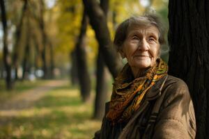 AI generated Portrait of an elderly gray-haired woman in the park during the day photo