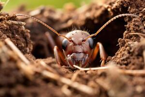 AI generated An ant crawls on the ground during the day. Macro photography photo