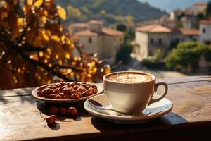 AI generated A morning cup of latte coffee stands on a table on the terrace against the background of nature photo