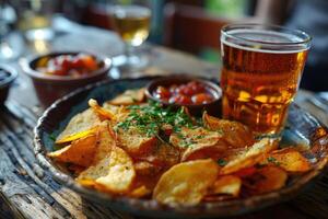 AI generated A glass of beer and potato chips in a plate on the table. Suitable for beer festival, pub, restaurant photo