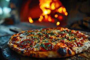 AI generated Delicious Italian pizza on the table near the oven, baked in a wood-burning oven photo