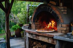 AI generated Delicious fresh Italian pizza lies near the oven, baked in a wood-burning oven photo