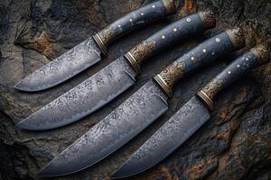 AI generated Knives made of Damascus steel on a wooden board photo