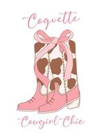 Coquette Cowgirl Boots with pink Ribbon Bow Hand Drawn Doodle vector