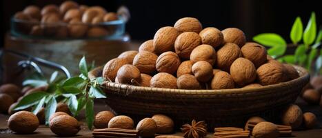 AI generated Rustic display of nutmeg on a wooden table. photo