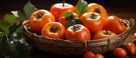 AI generated Ripe persimmons in a wicker basket on a wooden table. photo