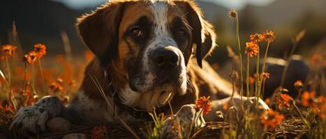 AI generated St. Bernard dog lounging in grass under blue sky. photo