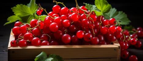AI generated Vibrant red currants in a wooden crate against a dark background. photo