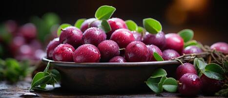 AI generated Elegant arrangement of plums in a rustic wooden bowl on a wooden table. photo