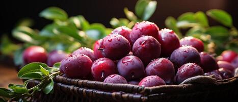 AI generated Elegant arrangement of plums in a rustic wooden bowl on a wooden table. photo