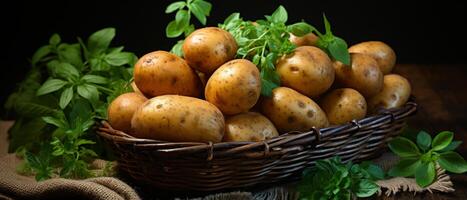 AI generated Rustic display of potatoes on a burlap sack and green leaf. photo