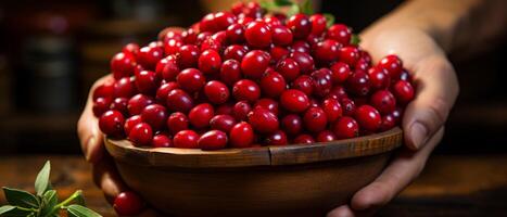 AI generated Vibrant red barberries in a basket on a rustic wooden table. photo