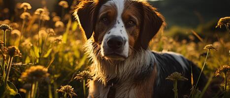 AI generated St. Bernard dog lounging in grass under blue sky. photo