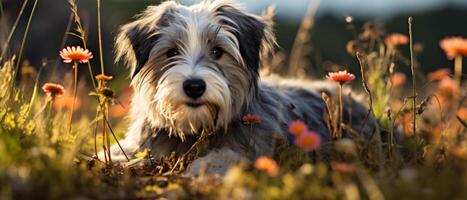 AI generated Playful grey and white dog in a meadow of colorful flowers. photo