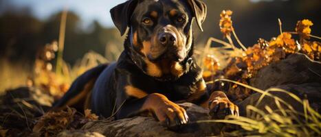 ai generado elegante negro y bronceado Rottweiler en un natural ajuste. foto