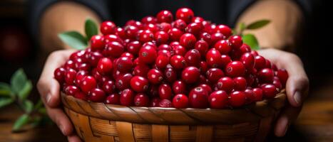 AI generated Vibrant red barberries in a basket on a rustic wooden table. photo