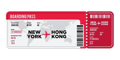 Red and white Airplane ticket design. Realistic illustration of airplane boarding pass with passenger name and destination. Concept of travel, journey or business trip. Isolated on white background vector