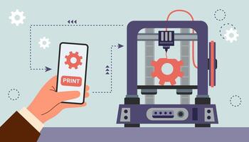 3d printer printing a part. Hand with phone launching a 3d printer. Technology concept. vector