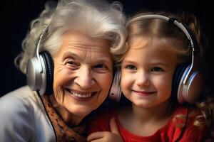 ai generado un pequeño niña y su abuela son escuchando a música en un negro antecedentes con auriculares foto