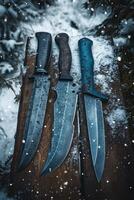 AI generated Knives made of Damascus steel on a wooden board photo