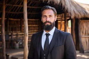 AI generated Portrait of a European man with a beard in a formal suit against the background of an African village photo
