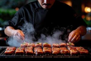 AI generated Lots of Meat steaks, the cook cooks on a stainless steel grill, with flames on a dark background. Food and kitchen concept photo