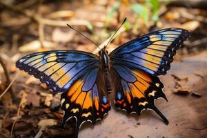 AI generated a large colored butterfly sitting on leaves, a beautiful insect in its natural habitat photo