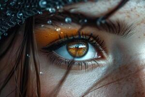 AI generated Macro photography of a girl 's brown eyes . Eyelashes and eyebrows photo