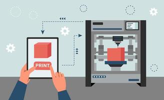 3d printer printing a part. Hands with tablet launching a 3d printer. Technology concept. vector