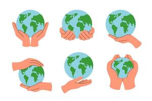 Set of human hands holding planet Earth. Ecology concept. Environment concept. vector
