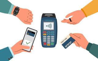 Payment terminal and hands with phone, credit card, smart watch and smart ring. Contactless payment concept. Technology concept. vector