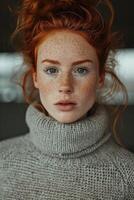 AI generated Portrait of a beautiful serious red-haired young girl in close-up photo