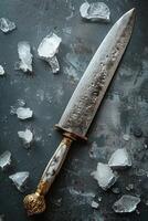 AI generated Knives made of Damascus steel on a wooden board photo