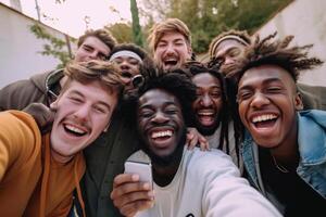 ai generado un reutilizable joven grupo de contento personas toma un selfie foto en un cámara fuera de