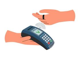 Payment terminal and hand in smart ring. Contactless payment concept. Technology concept. vector