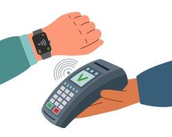 Payment terminal and hand with smart watch. Contactless payment concept. Technology concept. vector