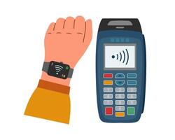 Payment terminal and hand with smart watch. Contactless payment concept. Technology concept. vector