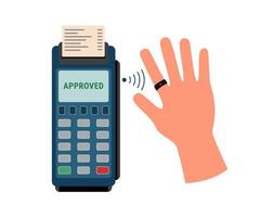 Payment terminal and hand in smart ring. Contactless payment concept. Technology concept. vector