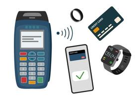 Payment terminal with phone, credit card, smart watch and ring. Contactless payment concept. Technology concept. vector