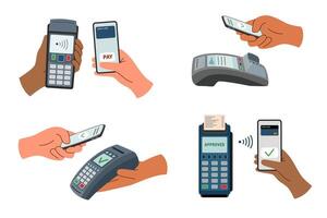 Set of payment terminals and phones in hands isolated on white background. Contactless payment concept. Online payment. vector