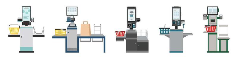 Set of self-service and self payment checkouts in the supermarket isolated on white. Self-service terminal. Contactless payment. vector