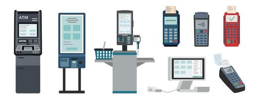 Set of contactless payment devices in flat style isolated on white. Payment terminal, ATM machine, self checkout, kiosk. vector